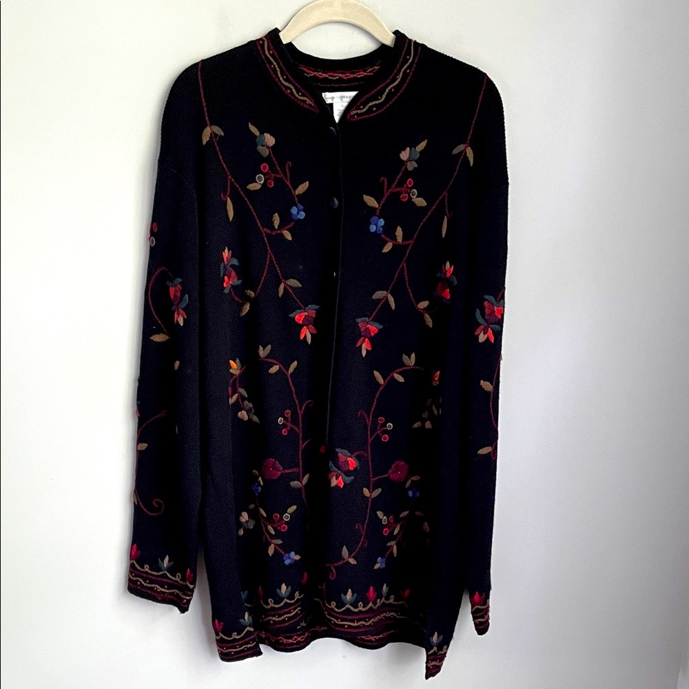 Mark, Fore & Strike Black Wool Blend Cardigan With Floral Embroidered Accents XL